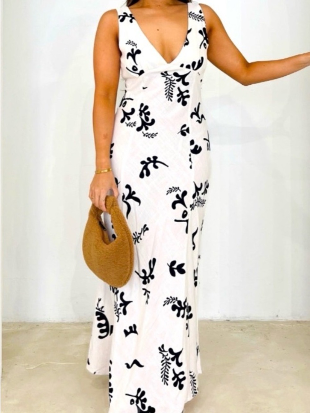 Paper Heart Anthropologie V Neck White Maxi Dress with Black Floral Motif